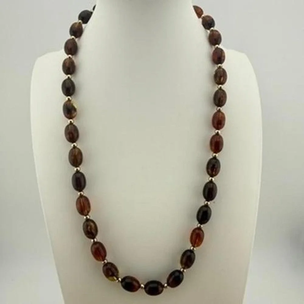 Gold Tone Necklace Faux Amber Oval Bead Screw Clasp Vintage Style